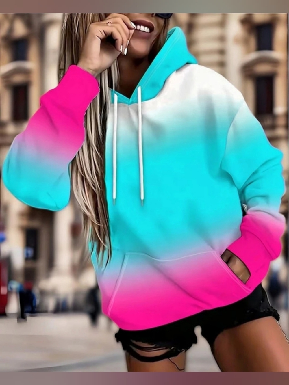 NWOT Color Block Hoodie in Pink & Blue Like New